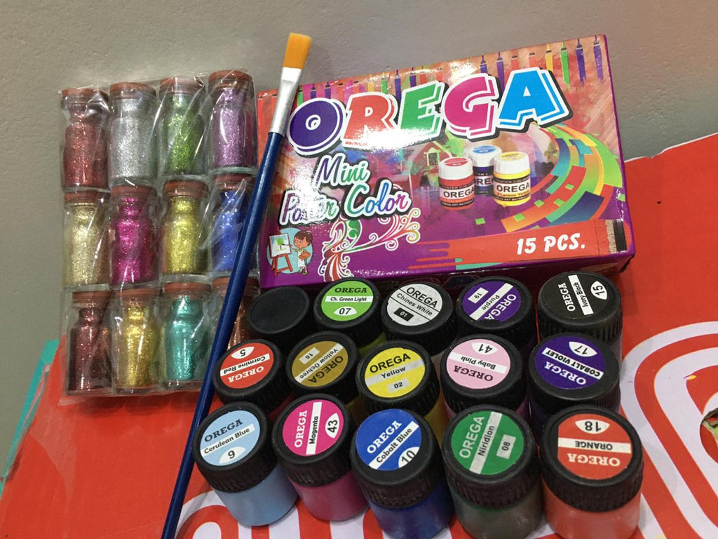 15 Orega Poster Color 12 Pcs Glitter Set  1 Paint Brush  15 different shades 15ml Each bottles Orega Colors Stationary Item For Girls
