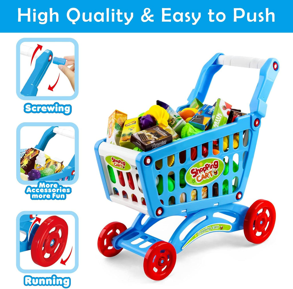 Kids Shopping Cart Trolley Toy Supermarket Playset Cart with Food Fruit Vegetables, Shopping Cards - Pretend to Play Role Play Educational Toy For Kids