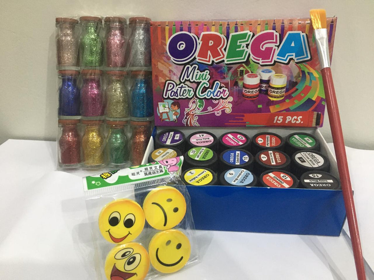 15 Orega Poster Color 12 Pcs Glitter Set  1 Paint Brush  15 different shades 15ml Each bottles Orega Colors Stationary Item For Girls