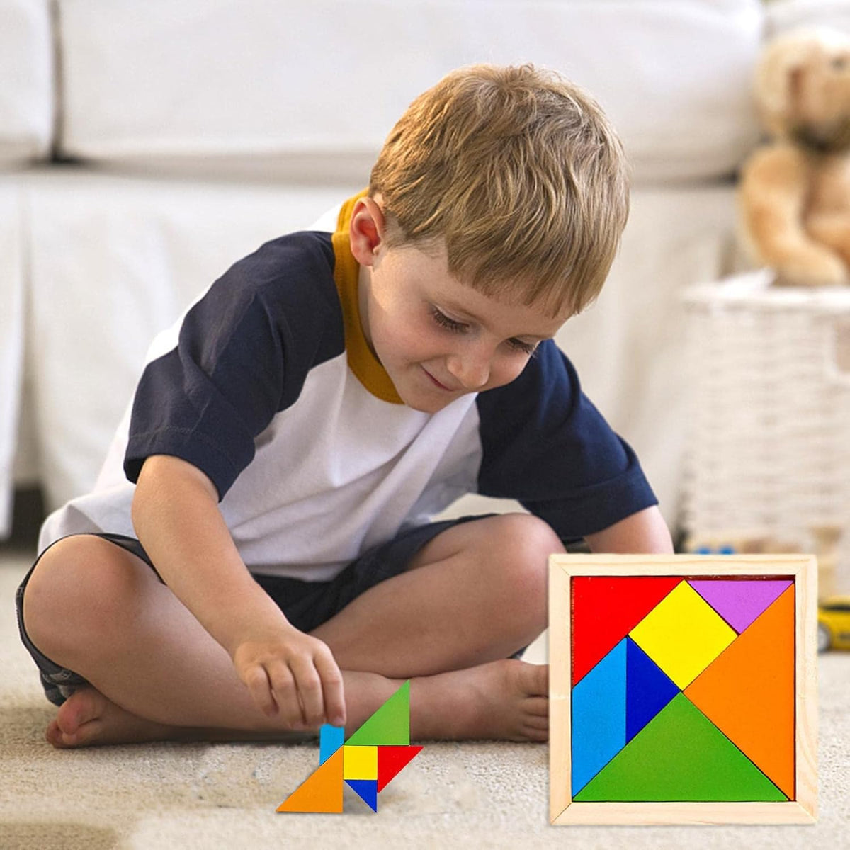 Wooden Tangram Puzzle Intelligent Blocks for Kids Tangram Shape Puzzle 7 Colors Tangram Jigsaw Puzzle