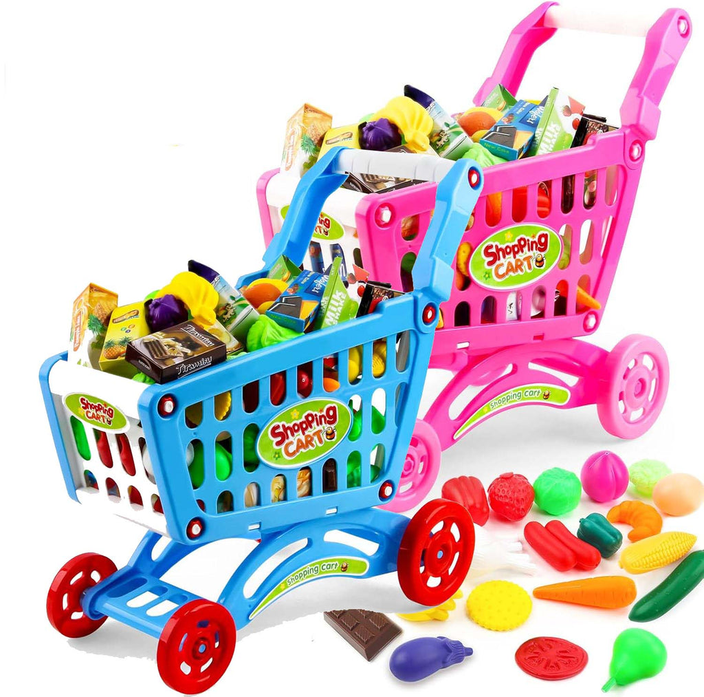Kids Shopping Cart Trolley Toy Supermarket Playset Cart with Food Fruit Vegetables, Shopping Cards - Pretend to Play Role Play Educational Toy For Kids
