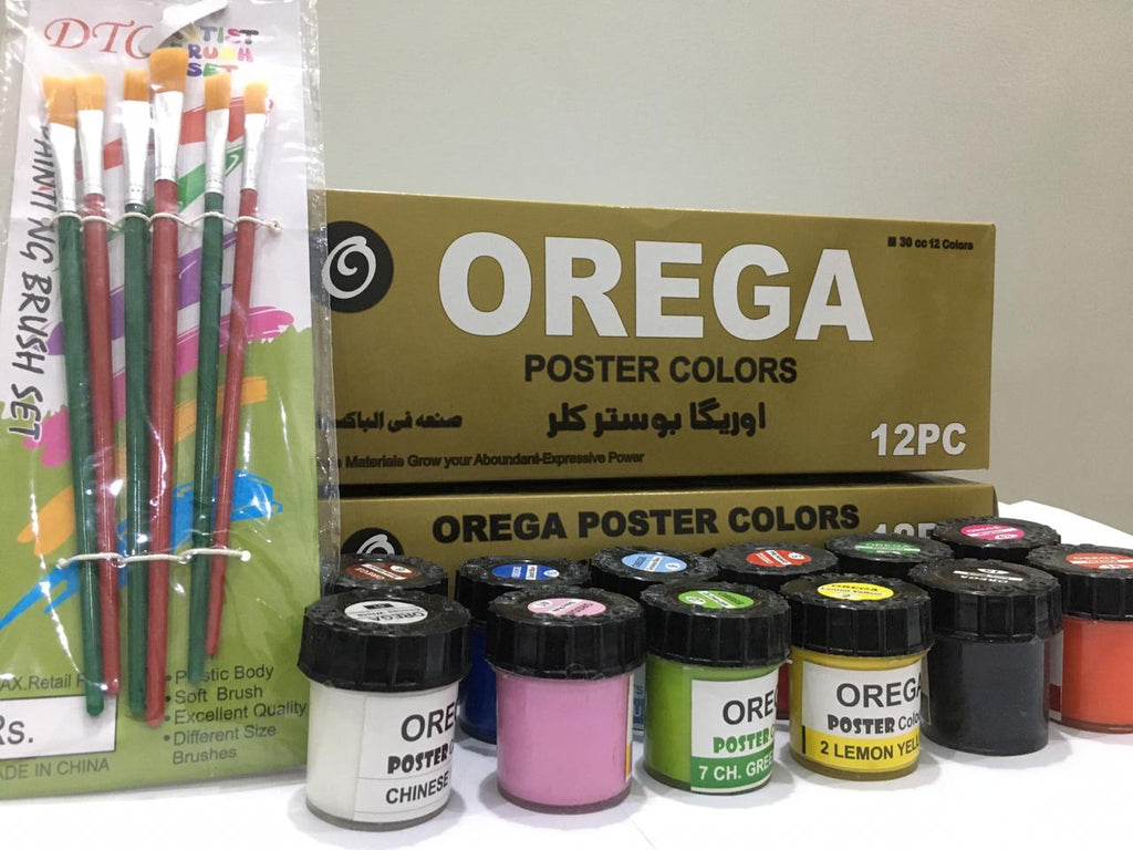 12 Orega Poster Color With 6 Piece Imported Paint Brush Set 12 different shades 50ml Each bottles Orega Colors