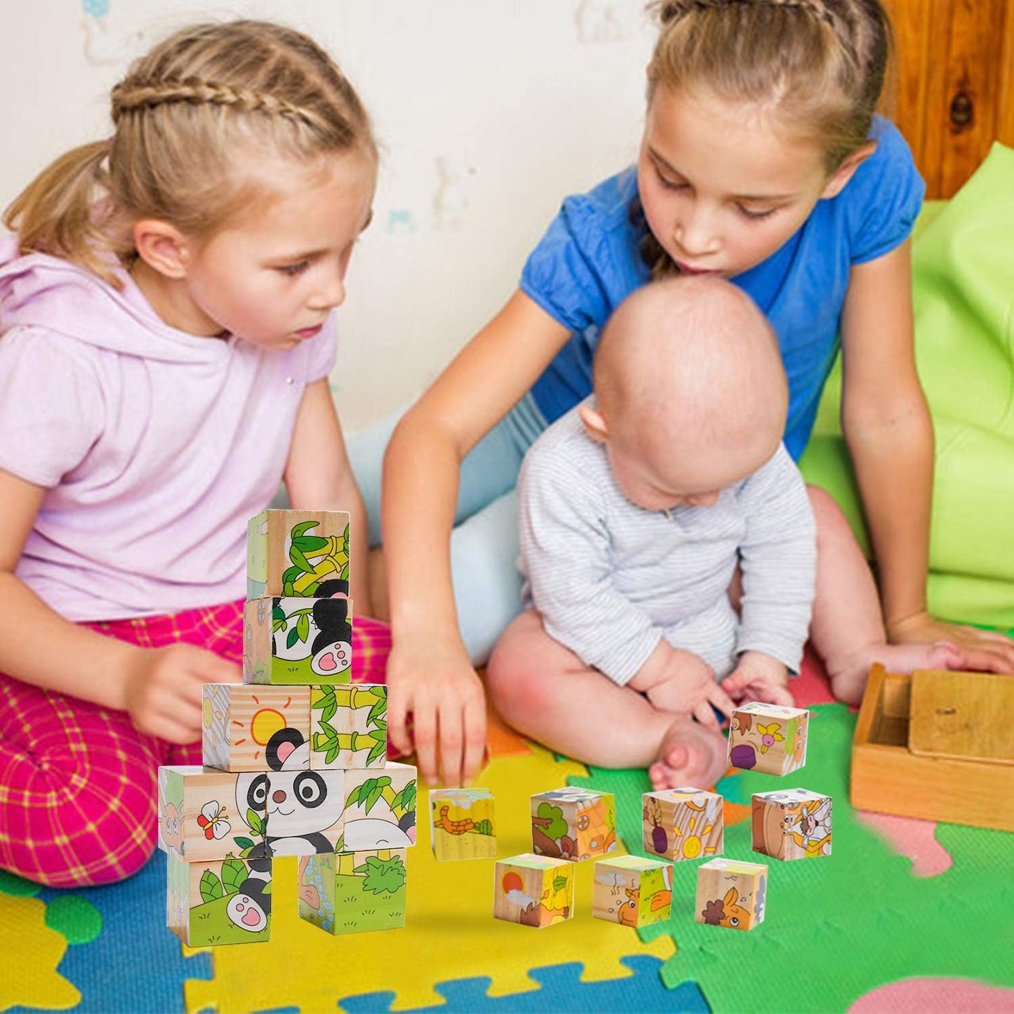 6 Sided Jungle Animals 3D Cubical Wooden Puzzle For Toddler Kids Children