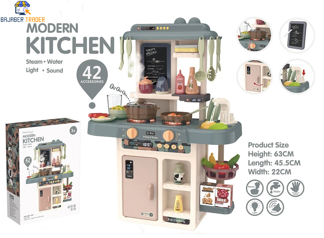 42Pcs Kids/Girls Kitchen Toys Set with Real Water Tab Steam Sound Lights Effect Pretend Play Cooking Set Toys For Girls