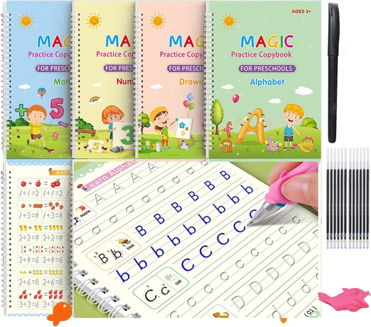 4pcs Sank Magic Practice Copybook (4 Book+10 Refill+1 Pen+1 Grip) Writing Practice Book for Children Alphabet Number Drawing  Tracing Book for Pre-School Magic Book For Kids