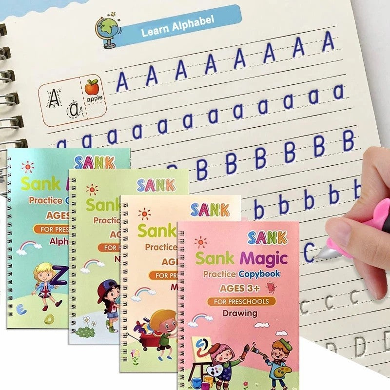 4pcs Sank Magic Practice Copybook (4 Book+10 Refill+1 Pen+1 Grip) Writing Practice Book for Children Alphabet Number Drawing  Tracing Book for Pre-School Magic Book For Kids