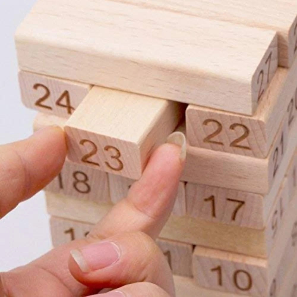 54pcs Jenga Number Wooden Stacking Tower Game for Kids & Adults Stack High Wooden Game With 4 Dice