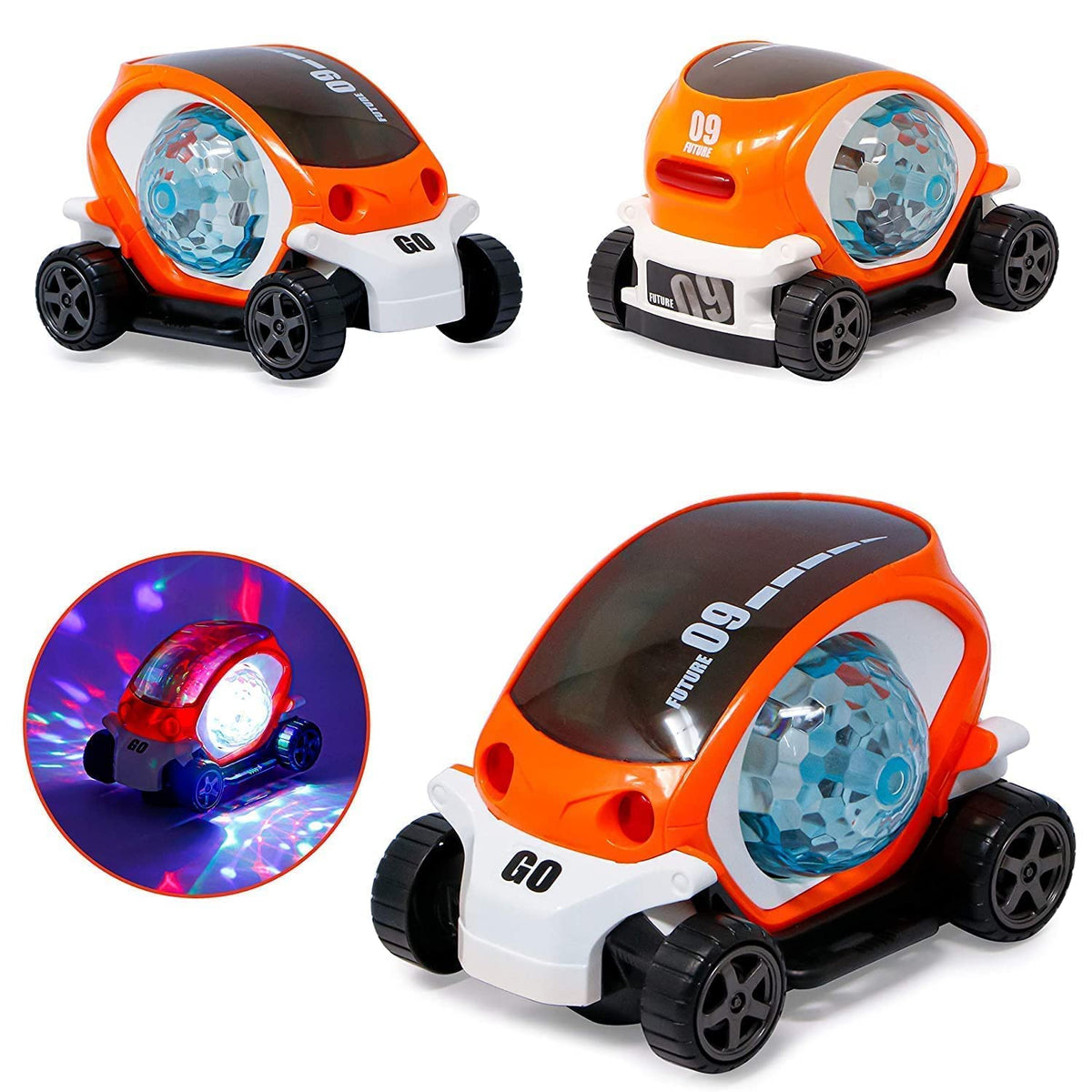 360° Rotating Transparent Toy Car with Flashing LED Lights, Music & Sound – Futuristic Musical Car for Kids Boys and Girls