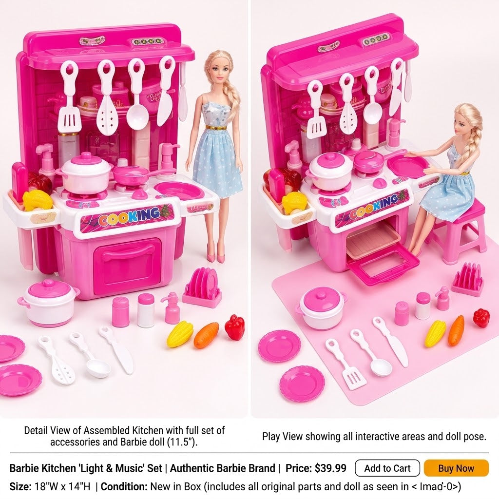 Kids Kitchen Play Set with Doll, Toy Cooking Set with Utensils, Pots, Pans & Pretend Play Accessories for Girls – Pink - Blue
