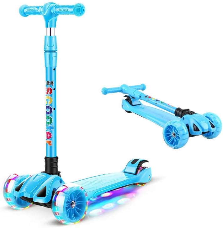 3 Wheel Scooty For Kids LED Light-Up Scooty Foldable, Adjustable Handle Rear Brake Lightweight Heavy Fiber Body Gifts For Toddlers Children Boys Girls