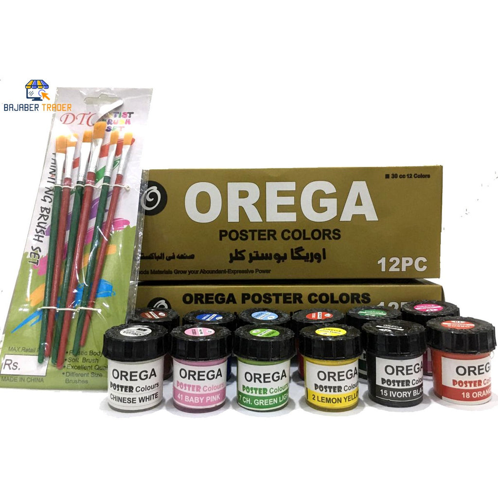 12 Orega Poster Color With 6 Piece Imported Paint Brush Set 12 different shades 50ml Each bottles Orega Colors