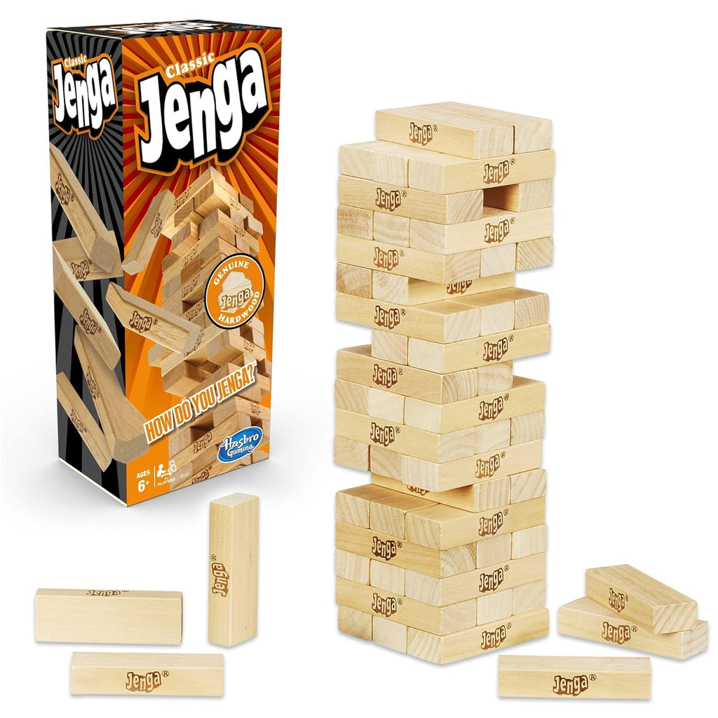 Classic Jenga Wooden Stacking Tower Board Game for Kids & Adults Genuine Hardwood Blocks, Stacking Tower Game for 1 or More Players