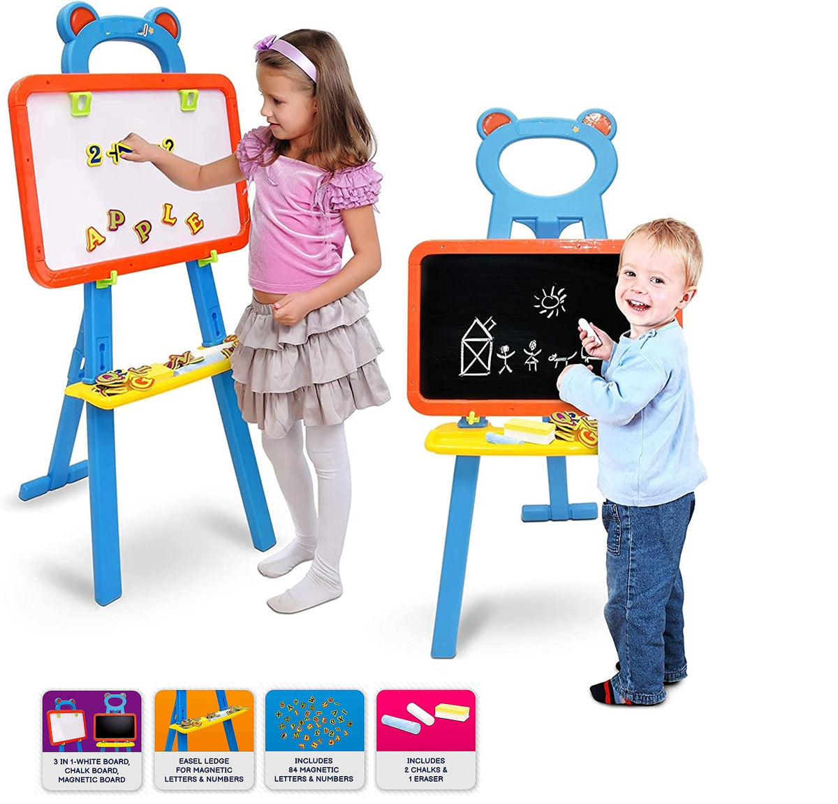 3in1 Learning Easel Double Sided Black And White Drawing Board Magnetic Board and Chalkboard Art Activity Drawing for Artist with Learning Magnetic Alphabet And Numbers Chalk and Eraser