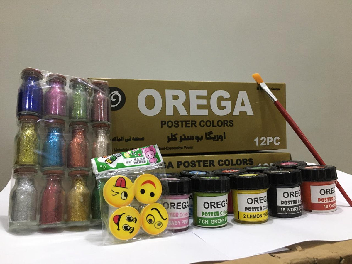 15 Orega Poster Color 12 Pcs Glitter Set  1 Paint Brush  15 different shades 15ml Each bottles Orega Colors Stationary Item For Girls