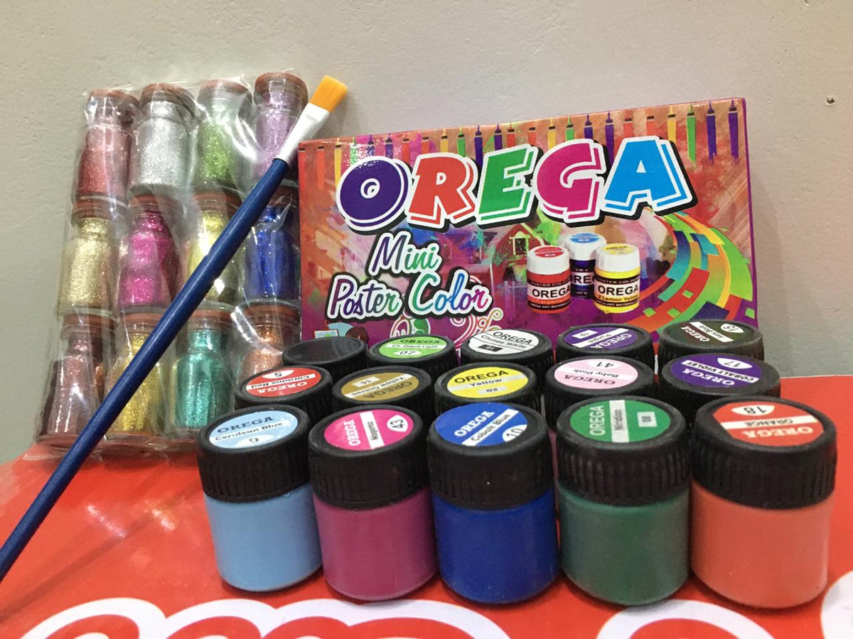 15 Orega Poster Color 12 Pcs Glitter Set  1 Paint Brush  15 different shades 15ml Each bottles Orega Colors Stationary Item For Girls