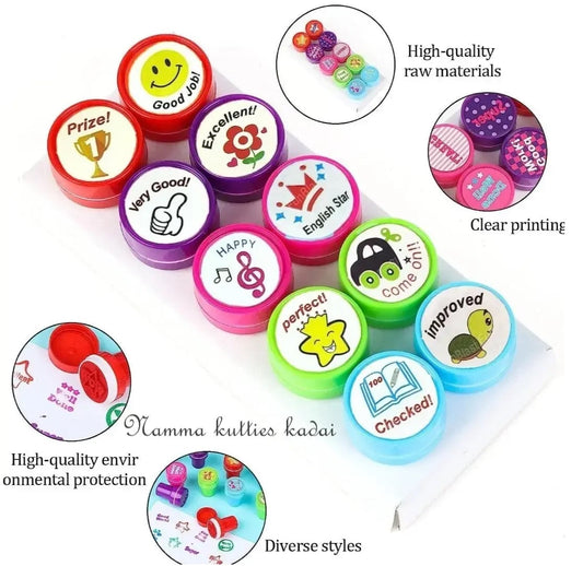 10pcs Appreciation Stamps star smiling face, nice work etc Kids Stamp Set Motivation Sticker