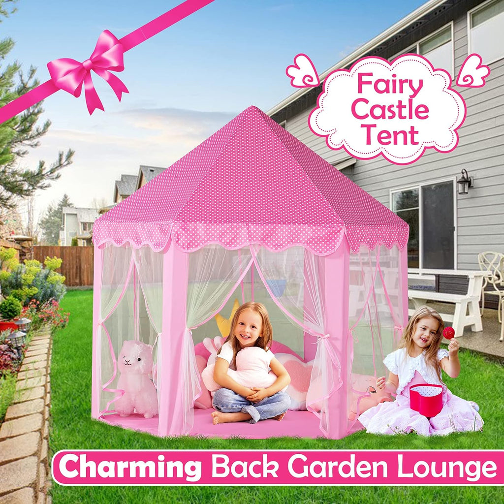 Princess Castle Tent For Girls Fairy Play Tents for Kids Hexagon Playhouse Toys For Children Girl Gifts Indoor & Outdoor 55"x 53"(Pink )