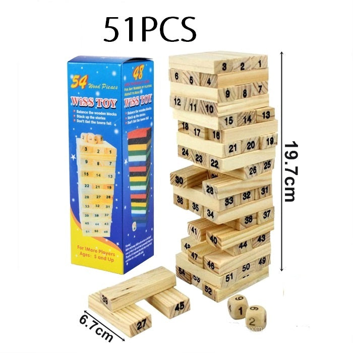 54pcs Jenga Number Wooden Stacking Tower Game for Kids & Adults Stack High Wooden Game With 4 Dice