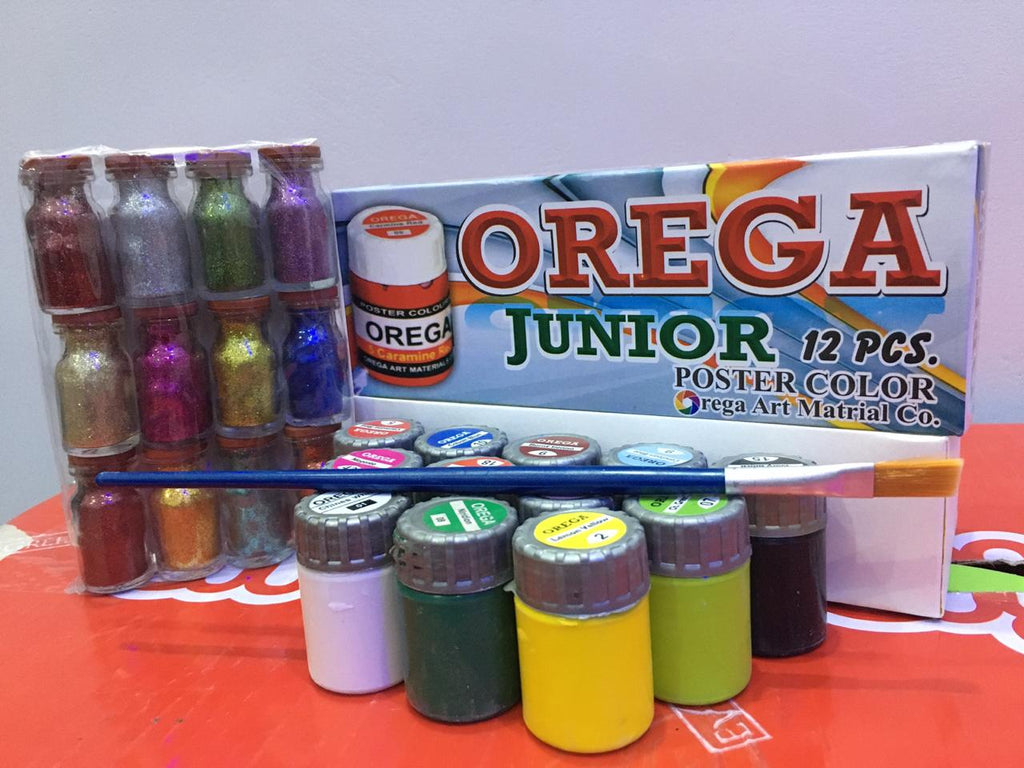 15 Orega Poster Color 12 Pcs Glitter Set  1 Paint Brush  15 different shades 15ml Each bottles Orega Colors Stationary Item For Girls
