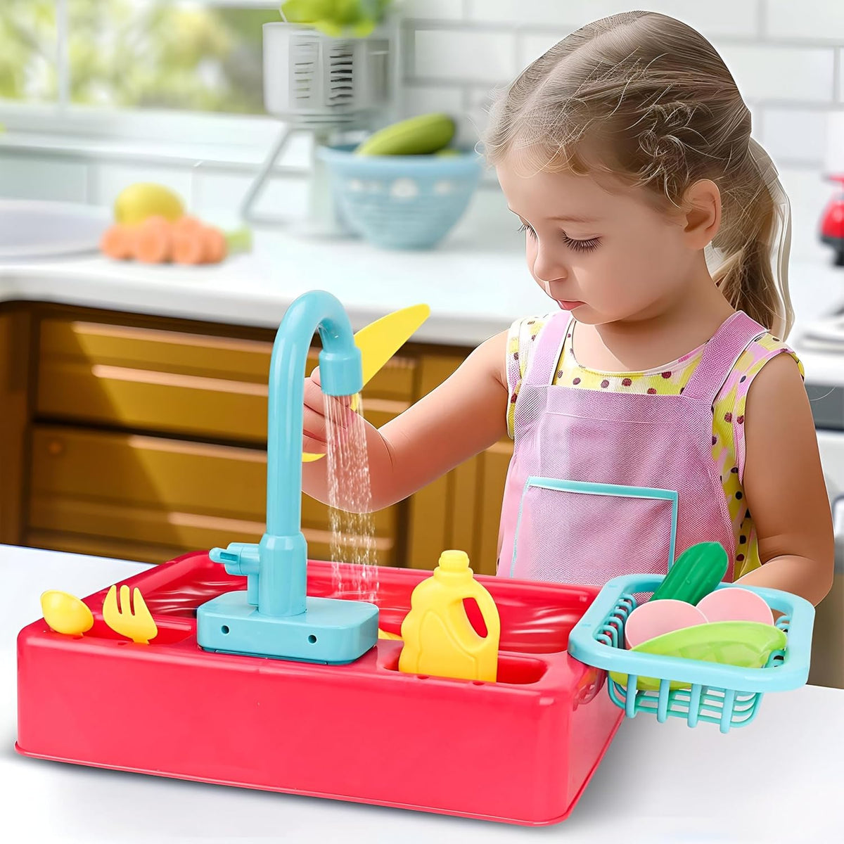 Water Sink Set For Kids Kitchen Toys Plastic Simulation Electric Dishwasher Sink Pretend Play With Electric Automatic Water Circulation Wash Basin Toy