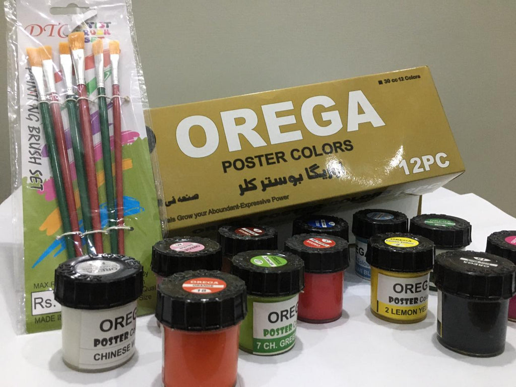 12 Orega Poster Color With 6 Piece Imported Paint Brush Set 12 different shades 50ml Each bottles Orega Colors