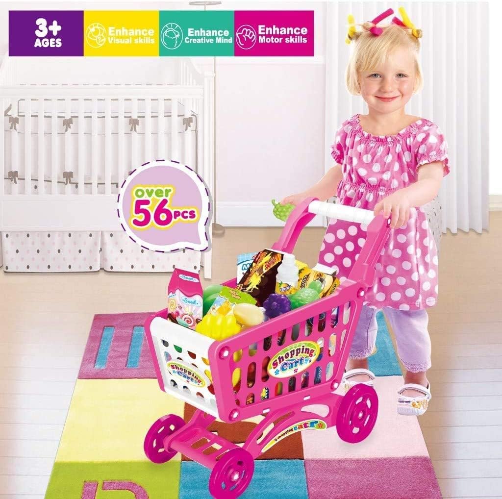 Kids Shopping Cart Trolley Toy Supermarket Playset Cart with Food Fruit Vegetables, Shopping Cards - Pretend to Play Role Play Educational Toy For Kids