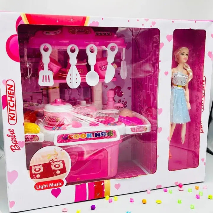Kids Kitchen Play Set with Doll, Toy Cooking Set with Utensils, Pots, Pans & Pretend Play Accessories for Girls – Pink - Blue