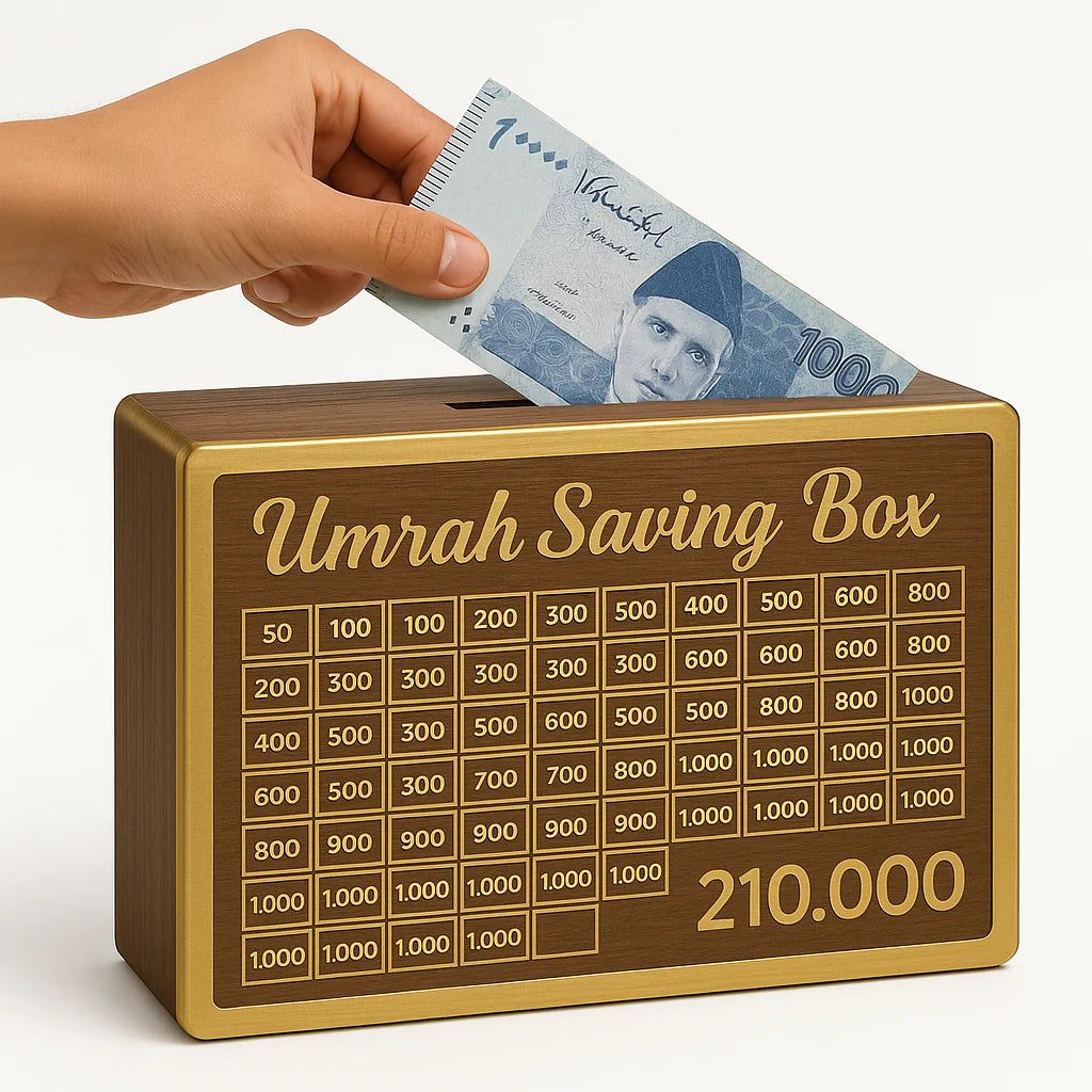 Umrah Saving Box Wooden Gullak Money Saving Box Perfect Cash Saver & Best 280 Days Savings Plan For Umrah Wooden Umrah Saving Box
