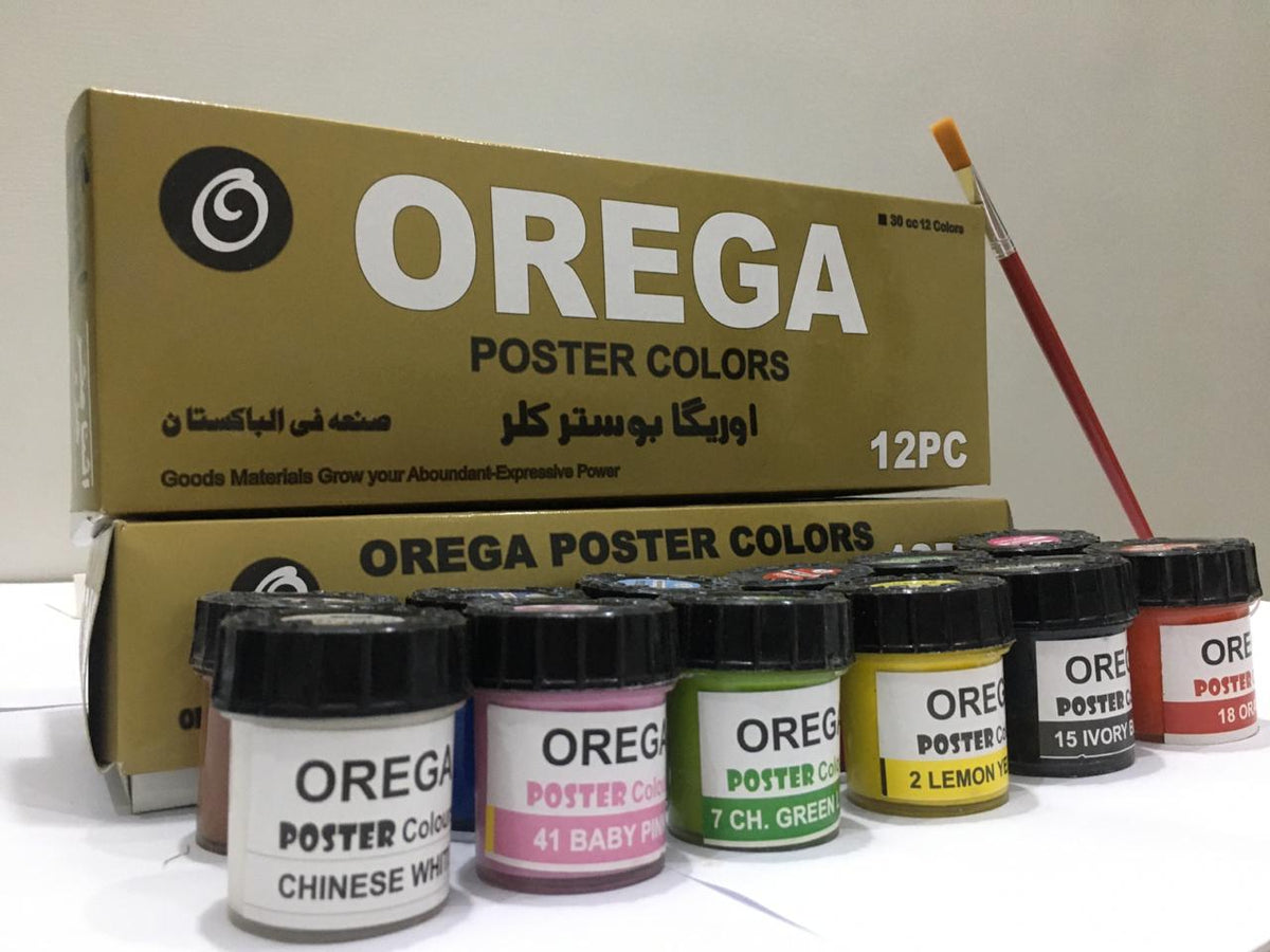 12 Orega Poster Color + Free Gift 1 Paint Brush 12 different shades 50ml Each bottles Orega Colors Premium Quality