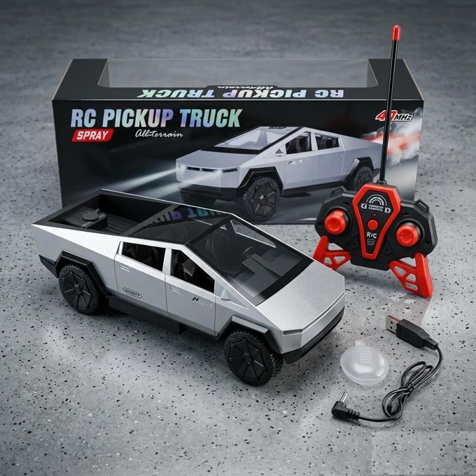 RC Pickup Truck Spray Car with LED Lights & Water Mist | Tesla Cyber Truck Style Remote Control Car | Rechargeable All-Terrain RC Toy Car for Kids (Grey)