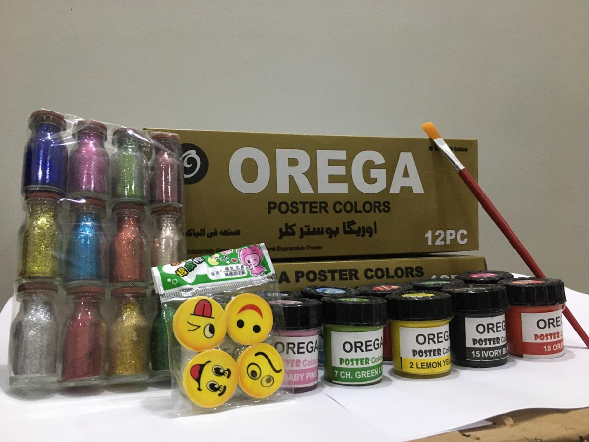 12 Orega Poster Color 12 Pcs Glitter Set  1 Paint Brush  12 different shades 30ml Each bottles Orega Colors Free Gift 4PCS Emoji Smile Face Eraser