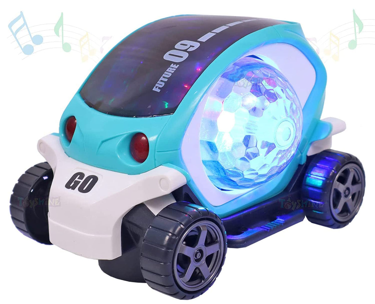 360° Rotating Transparent Toy Car with Flashing LED Lights, Music & Sound – Futuristic Musical Car for Kids Boys and Girls
