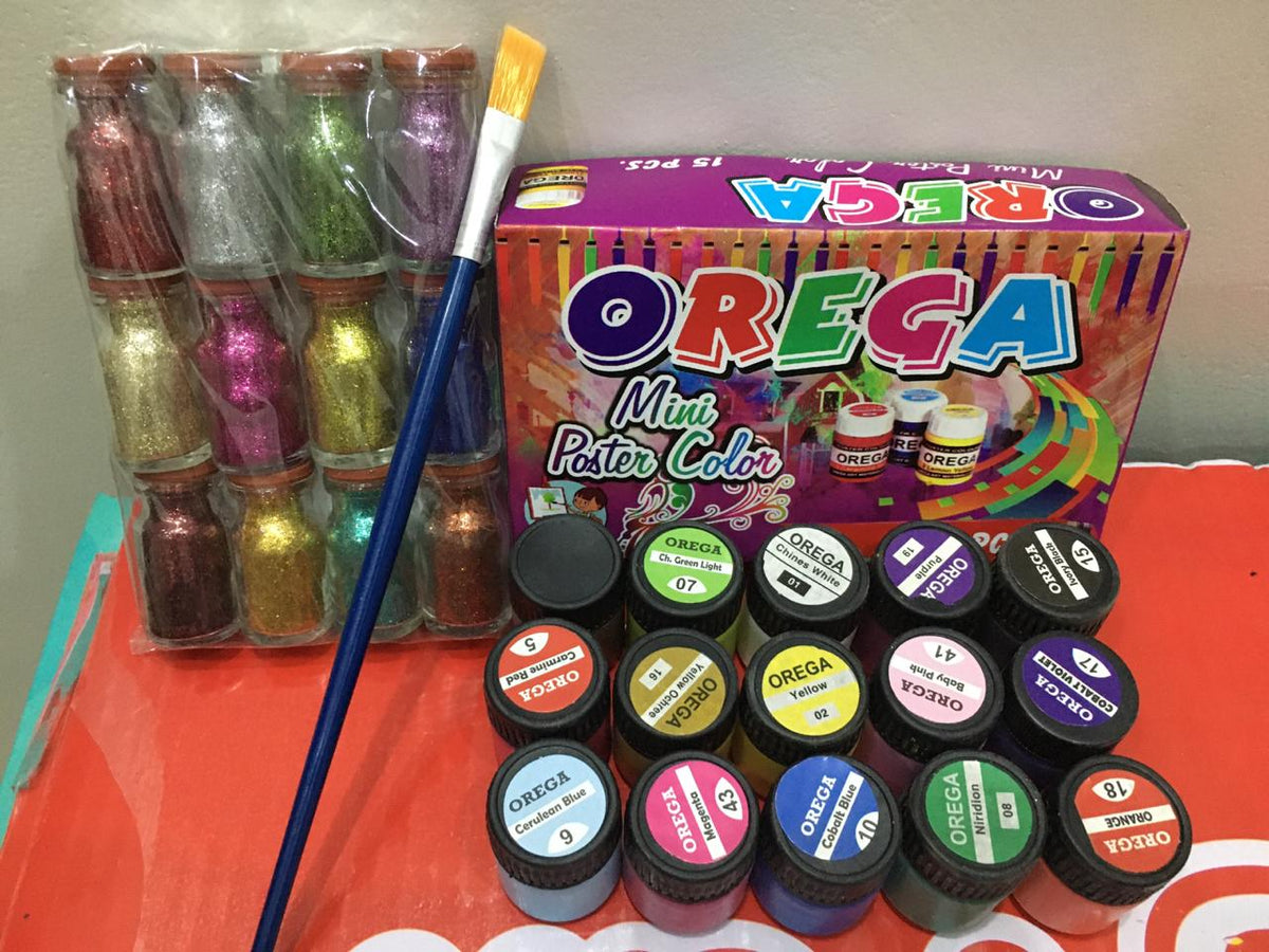 15 Orega Poster Color 12 Pcs Glitter Set  1 Paint Brush  15 different shades 15ml Each bottles Orega Colors Stationary Item For Girls
