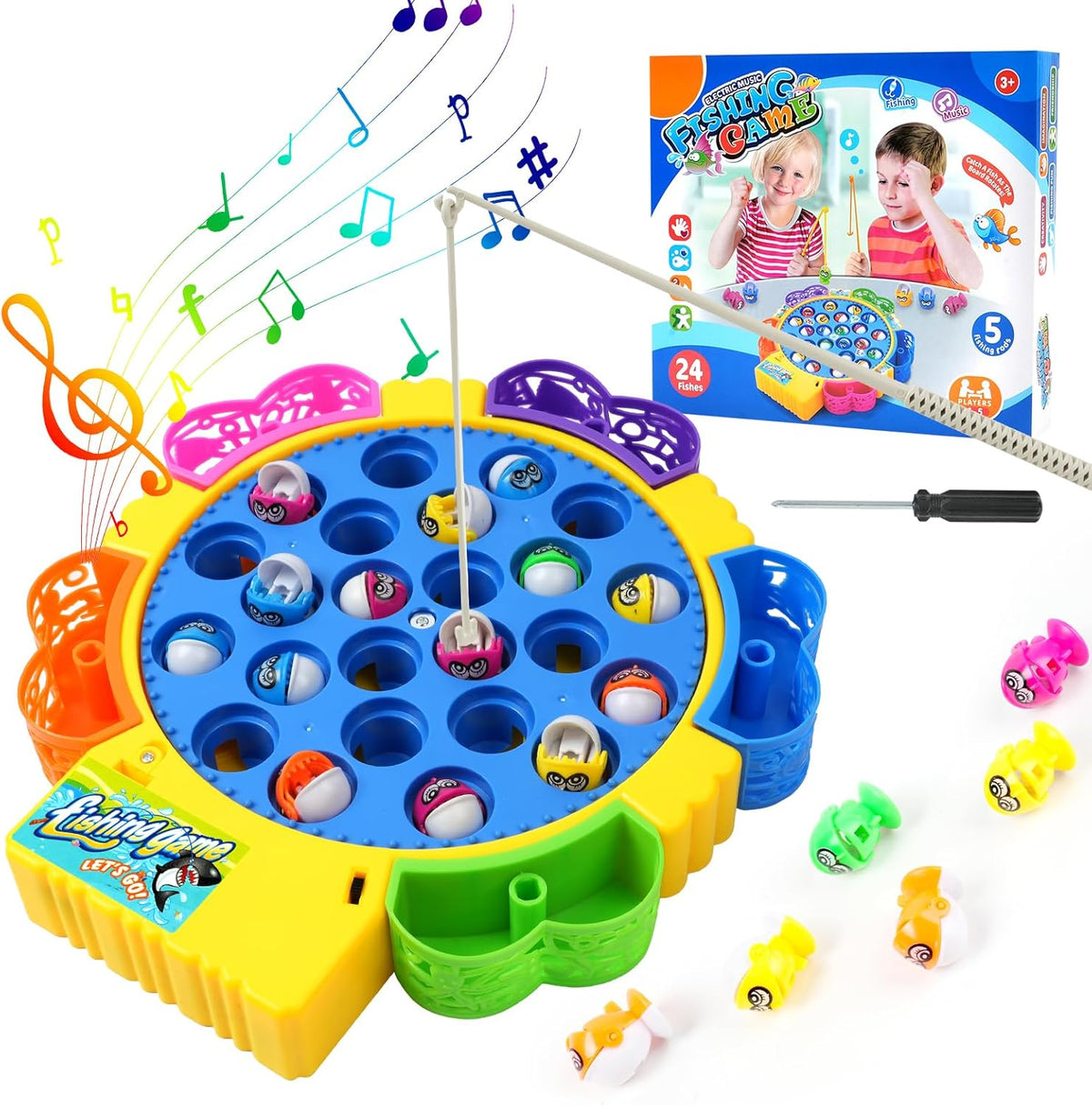 Fishing Game Toy Set with Rotating Board with Music Toys, Fish Game Toy with 15 Pcs  24 Pcs  45 Pcs Fishing Rods Toy Musical Montessori Educational Learning Toys for Boys Girls Children Toddlers