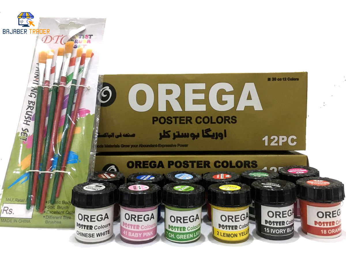 12 Orega Poster Color With 6 Piece Imported Paint Brush Set 12 different shades 50ml Each bottles Orega Colors