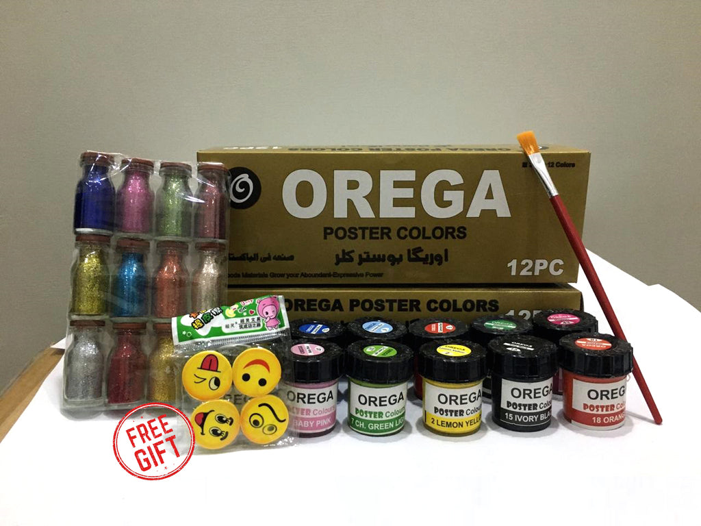 12 Orega Poster Color 12 Pcs Glitter Set  1 Paint Brush  12 different shades 30ml Each bottles Orega Colors Free Gift 4PCS Emoji Smile Face Eraser