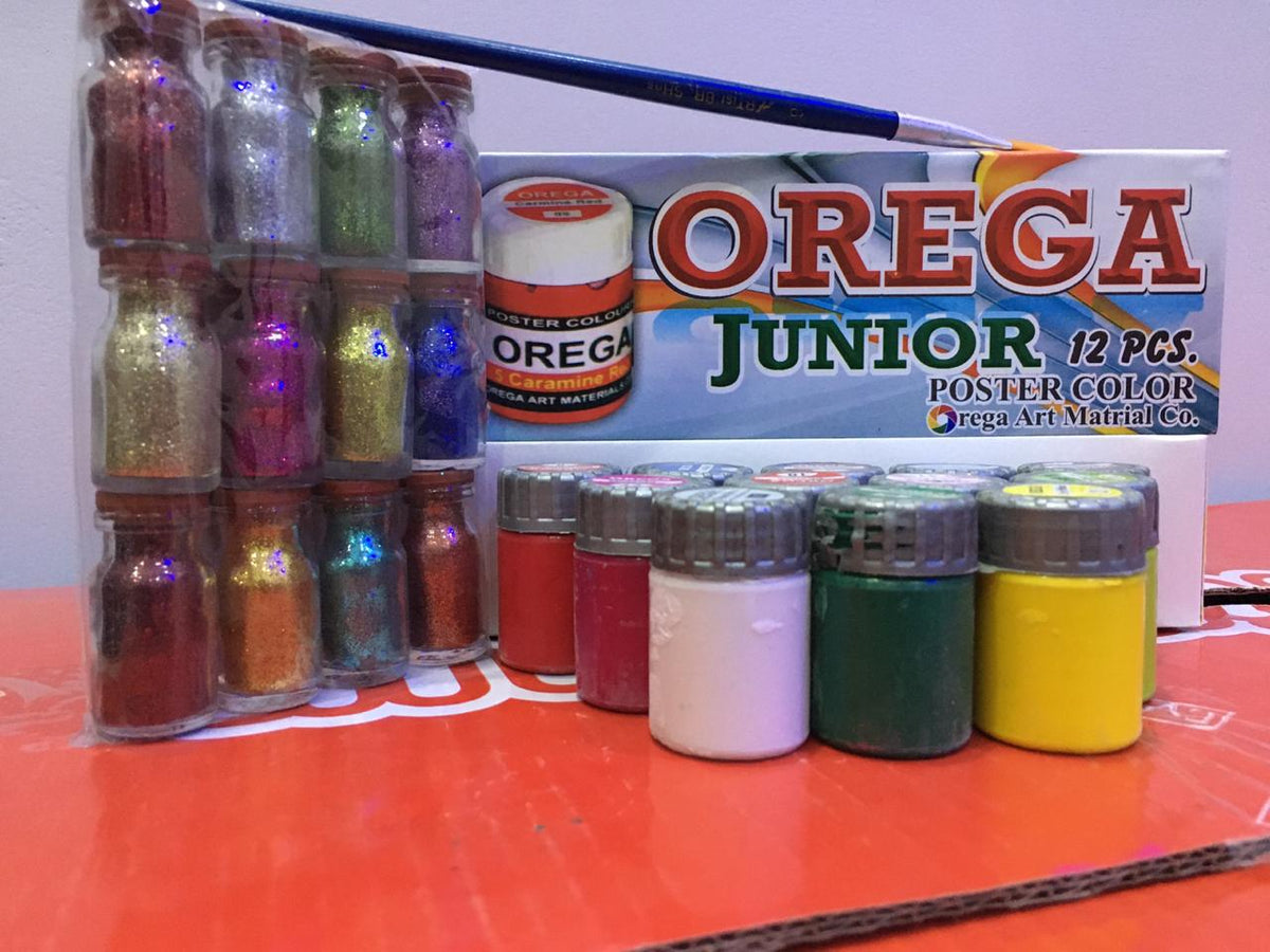 15 Orega Poster Color 12 Pcs Glitter Set  1 Paint Brush  15 different shades 15ml Each bottles Orega Colors Stationary Item For Girls