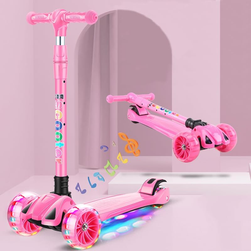 3 Wheel Scooty For Kids LED Light-Up Scooty Foldable, Adjustable Handle Rear Brake Lightweight Heavy Fiber Body Gifts For Toddlers Children Boys Girls