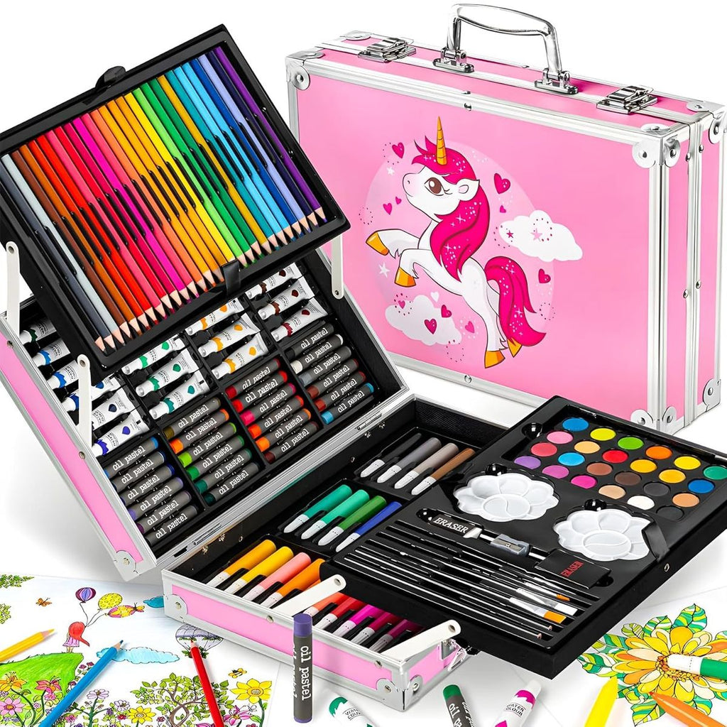 145 Pcs Unicorn Kids Art Set with Aluminum Case – Drawing, Painting & Coloring Kit, Color Pencils, Markers, Crayons & Paints, Art Supplies Gift for Kids Perfect Gift For Children