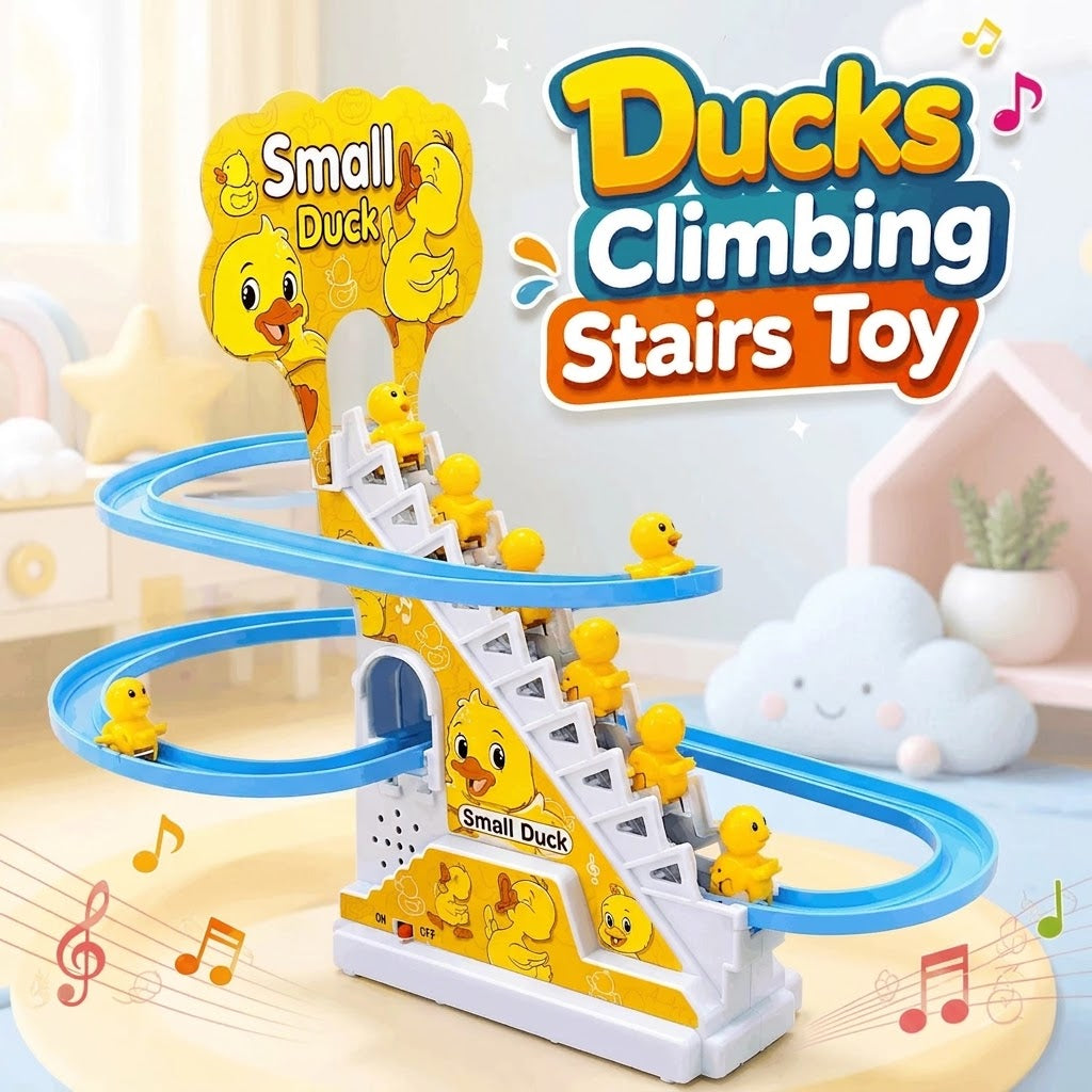 Small Duck Climbing Stairs Toy Electric Ducks Chasing Race Track Game Set, Playful Roller Coaster Toy with 3 Duck LED Flashing Lights & Music Button, Fun Duck Stair Climbing Toy for Toddlers and Kids