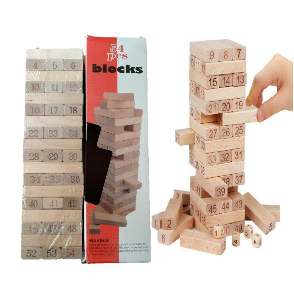 54pcs Jenga Number Wooden Stacking Tower Game for Kids & Adults Stack High Wooden Game With 4 Dice