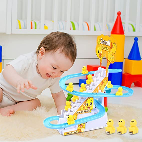 Small Duck Climbing Stairs Toy Electric Ducks Chasing Race Track Game Set, Playful Roller Coaster Toy with 3 Duck LED Flashing Lights & Music Button, Fun Duck Stair Climbing Toy for Toddlers and Kids