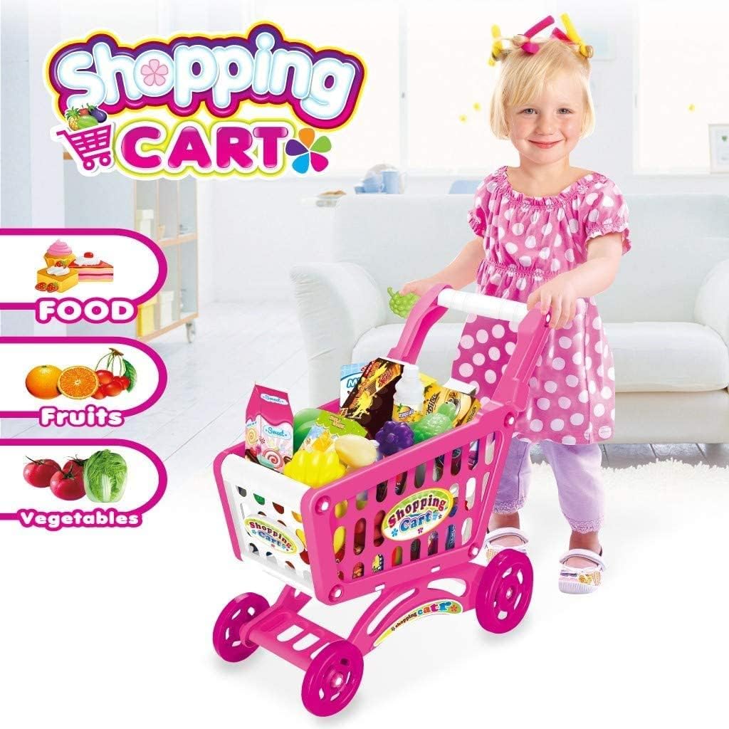 Kids Shopping Cart Trolley Toy Supermarket Playset Cart with Food Fruit Vegetables, Shopping Cards - Pretend to Play Role Play Educational Toy For Kids