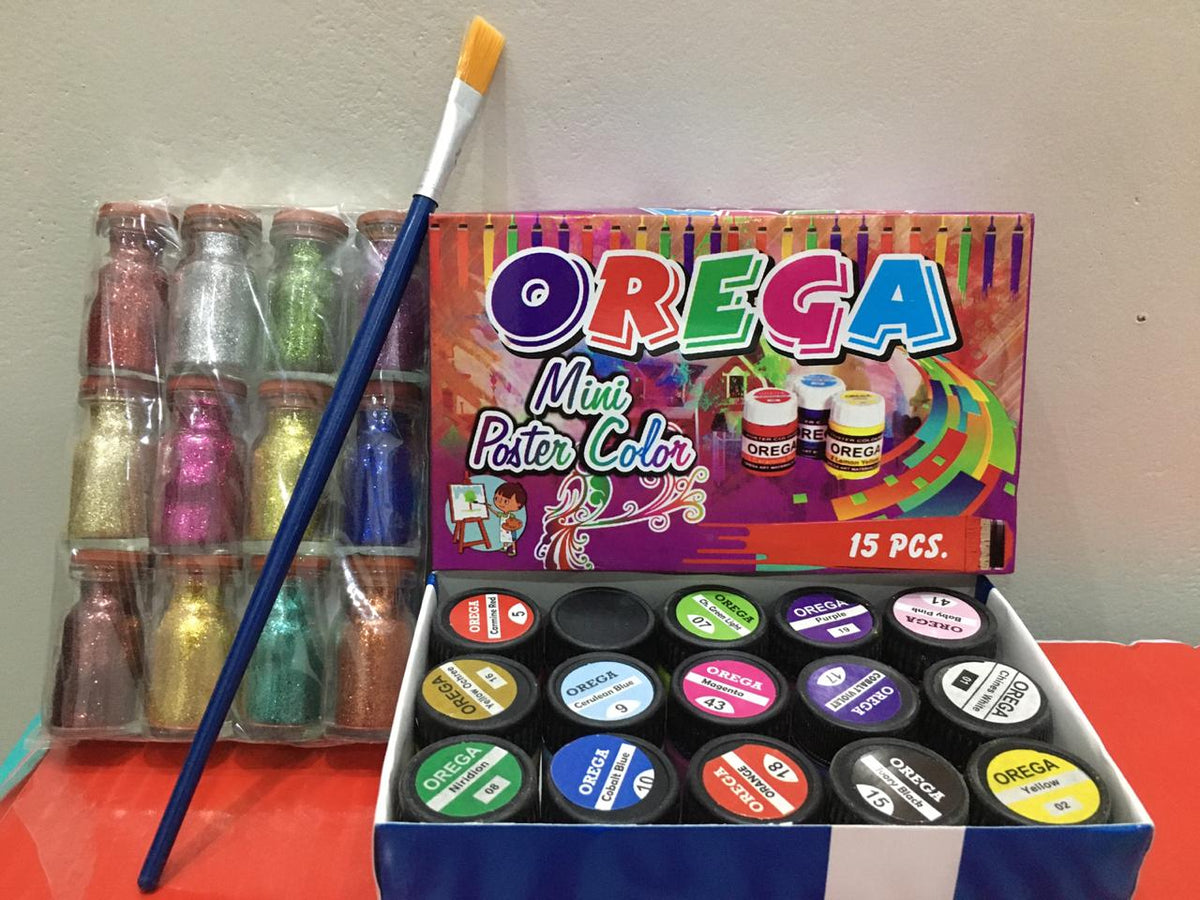 15 Orega Poster Color 12 Pcs Glitter Set  1 Paint Brush  15 different shades 15ml Each bottles Orega Colors Stationary Item For Girls