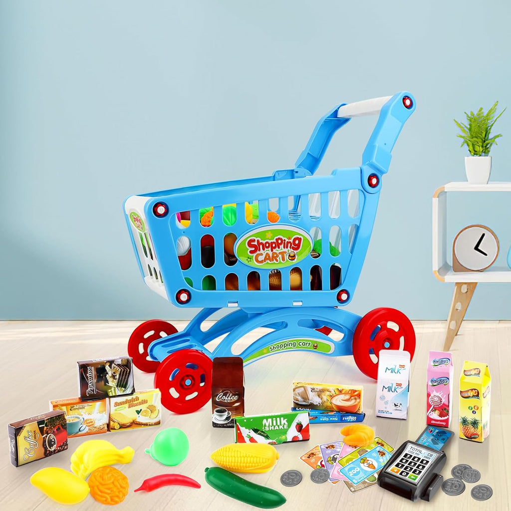 Kids Shopping Cart Trolley Toy Supermarket Playset Cart with Food Fruit Vegetables, Shopping Cards - Pretend to Play Role Play Educational Toy For Kids