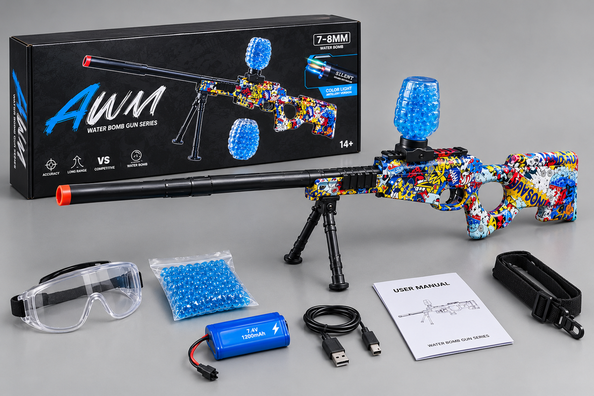 Big Size AWM Gun Gel Blaster Rechargeable Electric Toy Gun Machine Toy Automatic With Protection Glasses Recharegable Battery Hanging Belt 1000 pcs Gel Balls Best Toys For Kids