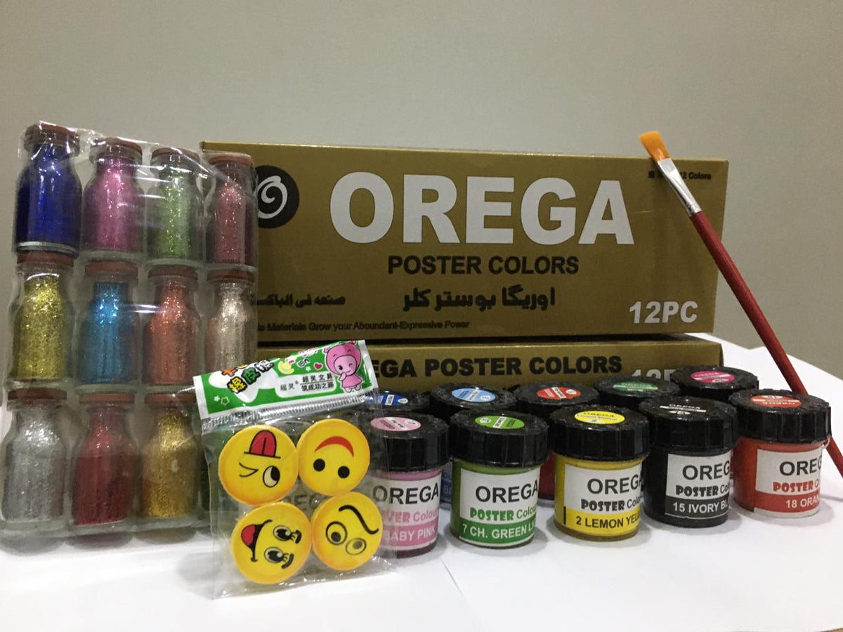 15 Orega Poster Color 12 Pcs Glitter Set  1 Paint Brush  15 different shades 15ml Each bottles Orega Colors Stationary Item For Girls