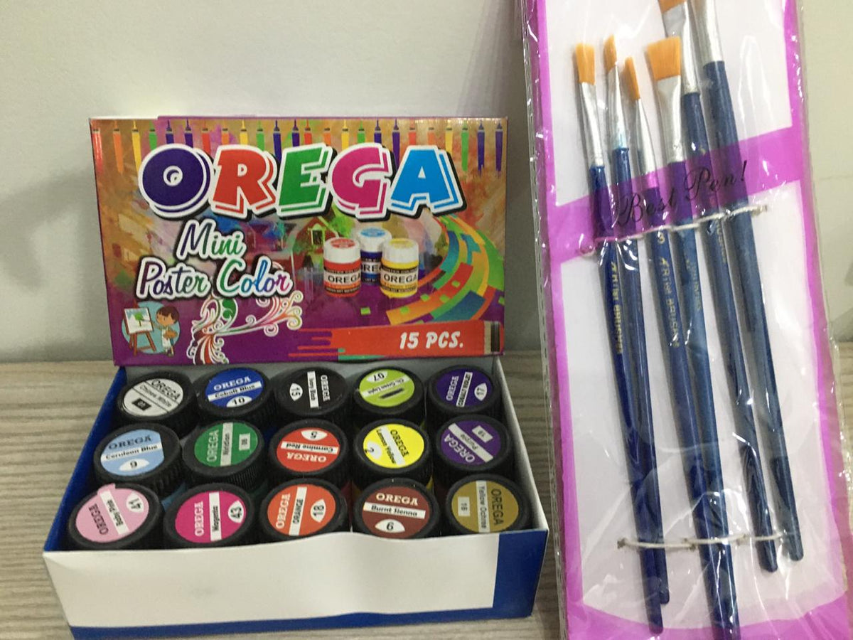Orega Poster Color with 06 Piece Imported Paint Brush Set - 15 different shades, 15ml bottles each Stationary Item For Girls
