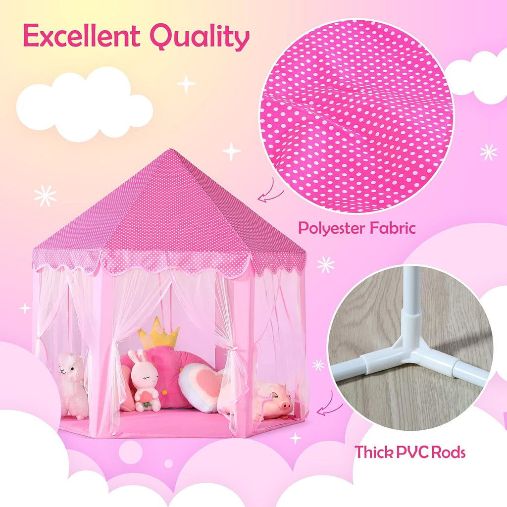 Princess Castle Tent For Girls Fairy Play Tents for Kids Hexagon Playhouse Toys For Children Girl Gifts Indoor & Outdoor 55"x 53"(Pink )