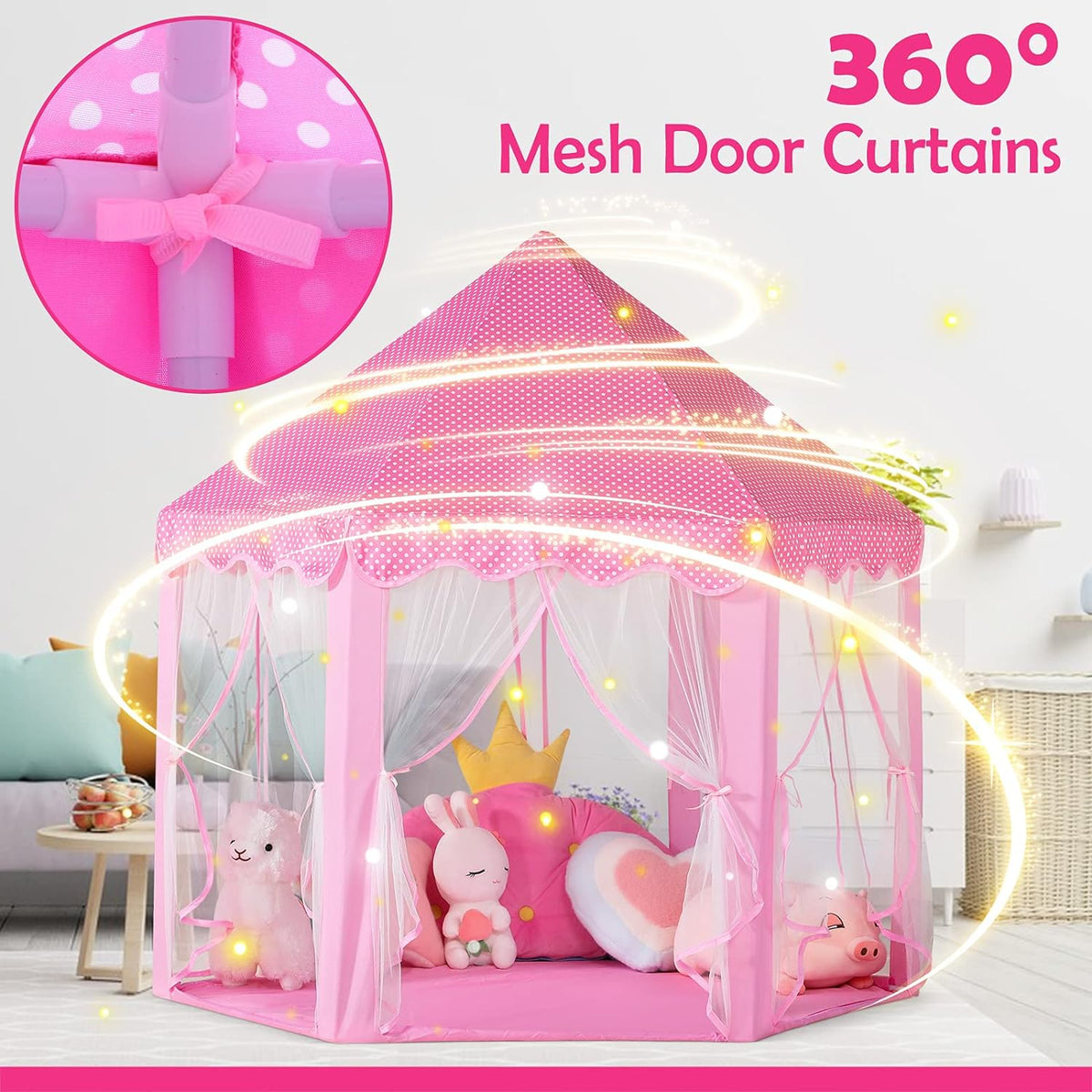 Princess Castle Tent For Girls Fairy Play Tents for Kids Hexagon Playhouse Toys For Children Girl Gifts Indoor & Outdoor 55"x 53"(Pink )